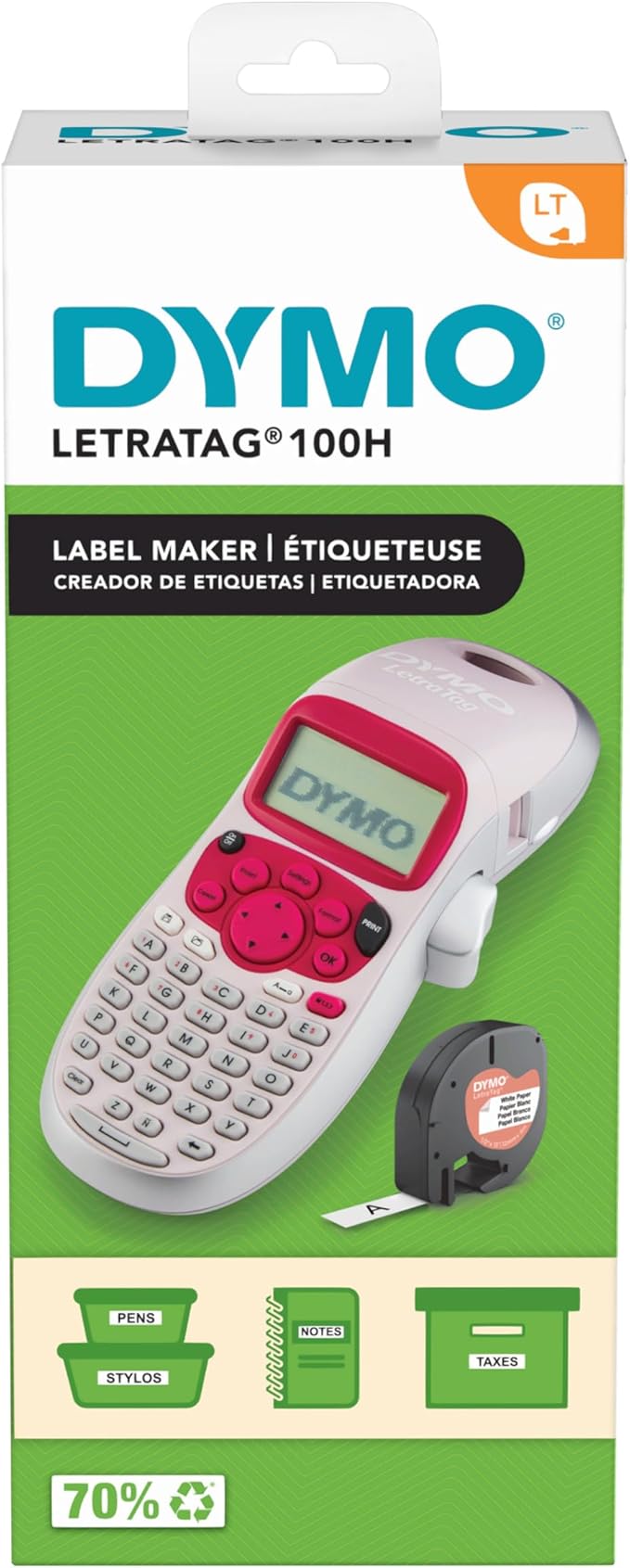DYMO LetraTag LT-100H Handheld Label Maker ABC Keyboard Label Printer with Easy-to-Use, 13 Character LCD Screen Great for Home & Office Organisation Pink