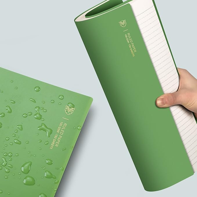 EMSHOI A4 Spiral Notebook Lined Journal, 300 Pages, College Ruled, 100gsm Thick Paper, Waterproof Softcover, Twin-Wire Binding, with Sticky Notes, Green (11.2" x 8.27")