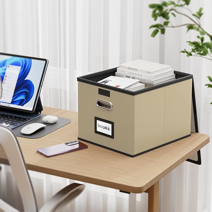 Huolewa Faux Leather File Organizer Box with Lid, Collapsible Hanging File Folder Box Organizer with Plastic Slides, Decorative Home/Office Filing System Boxes for File and Folder Storage-Khaki