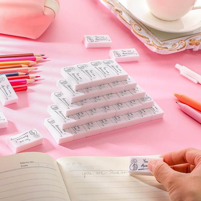 Fuutreo 100 Pcs Welcome Back to School Gifts for Students Inspirational Pencil Erasers Bulk You are Awesome White Cute Fun Erasers First Day of School Gifts Classroom Prizes from Teachers