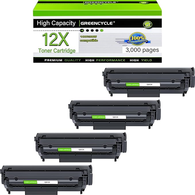 greencycle Q2612X (3000pages) 12A q2612A High Yield Toner Replacement Compatible for HP 12X Black Toner Cartridge Laserjet 1018 1020 1022 3015 3050 3055 M1319F Printer Ink Cartridge (4PCS)