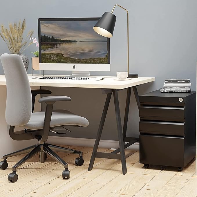 Aobabo 3 Drawer File Cabinet with Lock,Metal Filing Cabinet with Wheels for Home Office & Business Enterprise, Legal/Letter Size, Fully Assembled Except Wheels, Black