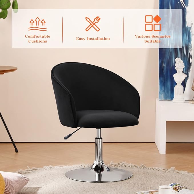 Furnimart Black Velvet Adjustable Height Vanity Chair, Swivel Makeup Chair for Living Room, Bedroom, Dressing Room