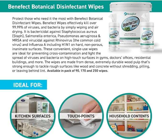 Benefect Botanical Disinfecting Wipes - (90 Wipe Count) Natural, No Residue - Antibacterial Disinfectant, Multi-Surface Cleaning and Sanitizing Wipes