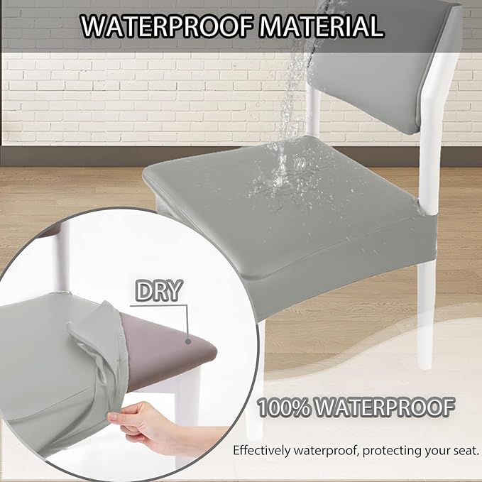 CWK Waterproof PU Leather Dining Chair Covers Set of 1-Stretchable Chair Seat Slipcovers, Removable & Washable Protector for Dining Room,Home,Office,Wedding,Rear Covers (PU-Silver)