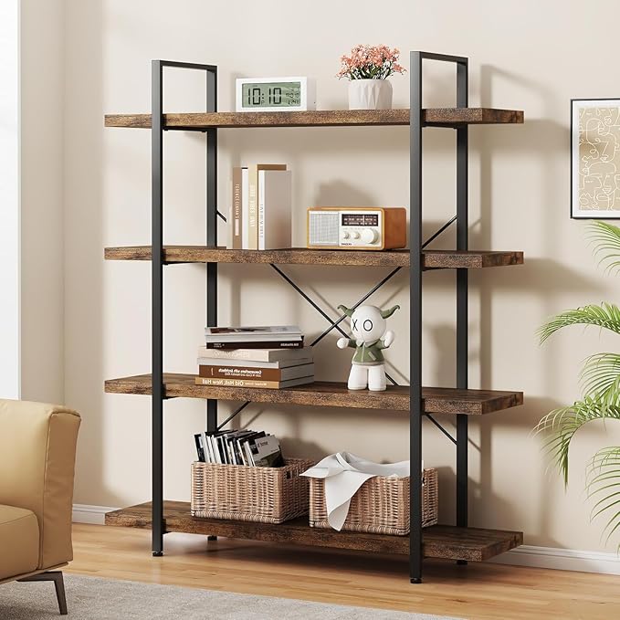 Heavy Duty 4-Tier Industrial Bookcase, 47" Wide Wood Bookshelf for Home Office, 120lbs Shelf Capacity, Rustic Open Shelving Display with Reinforced Horizontal Shelf for Living Room Bedroom