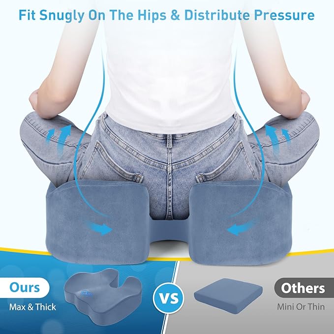 BlissTrends Seat Cushion,5.2in Thick Memory Foam Cushions for Office Chair, Car Seat, Airplane, Relieving Pressure Tailbone Sciatica Back Pain for Long Sitting Office Workers, Car Drivers LightBlue
