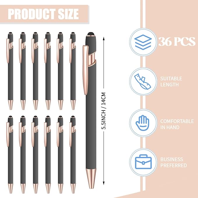 36 Pcs Blue Ink Ballpoint Pen with Stylus 2 in 1 Ballpoint Pen for Touch Screens School Office Coworkers (Gray Rose Gold)