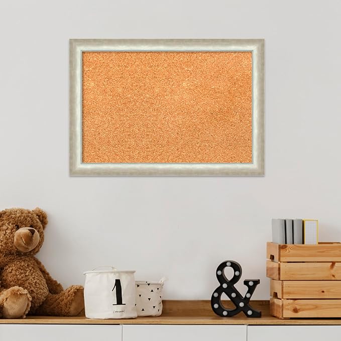 Amanti Art Natural Cork Board for Wall, 14x20 Vision Board with Silver Wood Frame, Small Corkboard Office Decor for Home Organization, Modern Corkboard Pinboard to Display Items for Home Organization