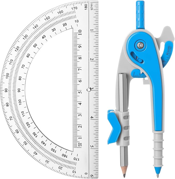EBOOT Student Geometry Math Set, Drawing Compass and 6 Inch Clear Swing Arm Protractors 180 Degree Math Protractor(Blue)