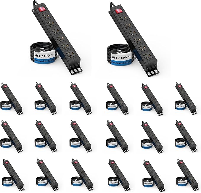 20PCS 6 Outlet Power Strip, Metal Mountable Power Strip Surge Protector, Heavy Duty Wall Mount Power Outlet for Commercial, Industrial, Workshop, Long Power Cord, 15A/125V 1875W