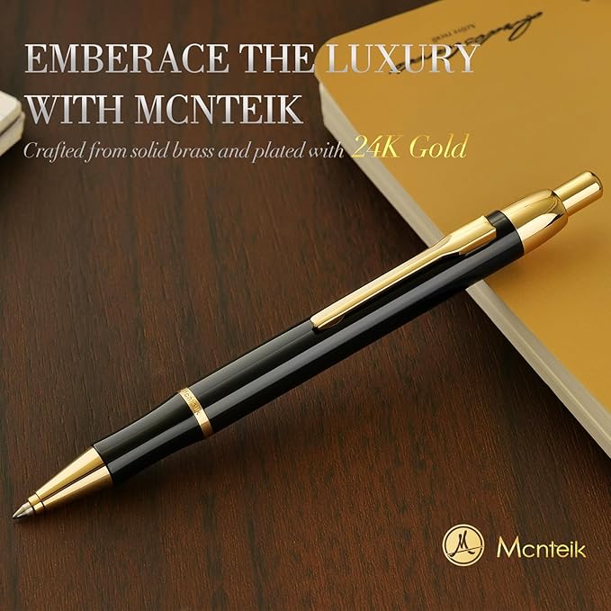 Black Gel Pen With 24K Gold Finish, Fine lacquer work, Best Men's And Women's Gift Pen Set, Professional, ADMOK Black Refill, Smooth Writing, Executive, Office, Click, Nice Retractable Pens