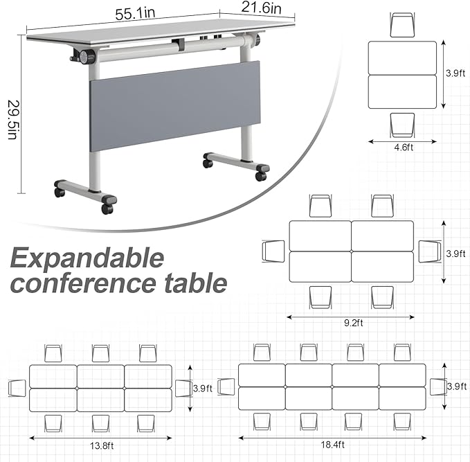Folding Conference Table, Modern Large Conference Room Tables with Flip-Top Design, Foldable Conference Table Meeting Table with Wheels, Mobile Seminar Training Tables for Office Classroom (2, Gray)