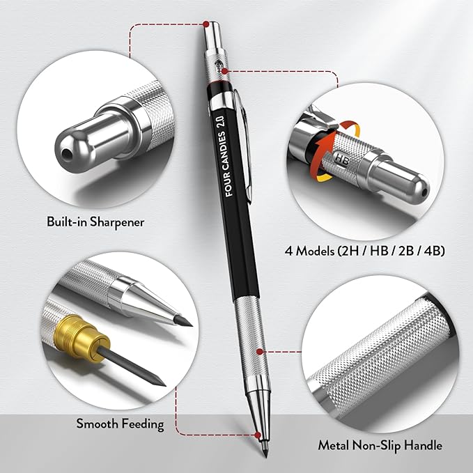 Four Candies 3PCS 2MM Mechanical Pencils with case, Artist Led Pencil Metal Lead Holder with 120 Graphite Lead Refills(HB 2H 2B 4B Color), 4 Erasers, Sharpener, Drafting Pencil for Drawing, Sketching