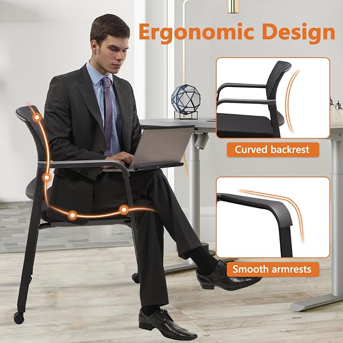 CLATINA Mesh Back Guest Reception Arm Chairs with Wheels, Waiting Room Chairs with Upholstered Fabric Seat and Ergonomic Lumbar Support for Office