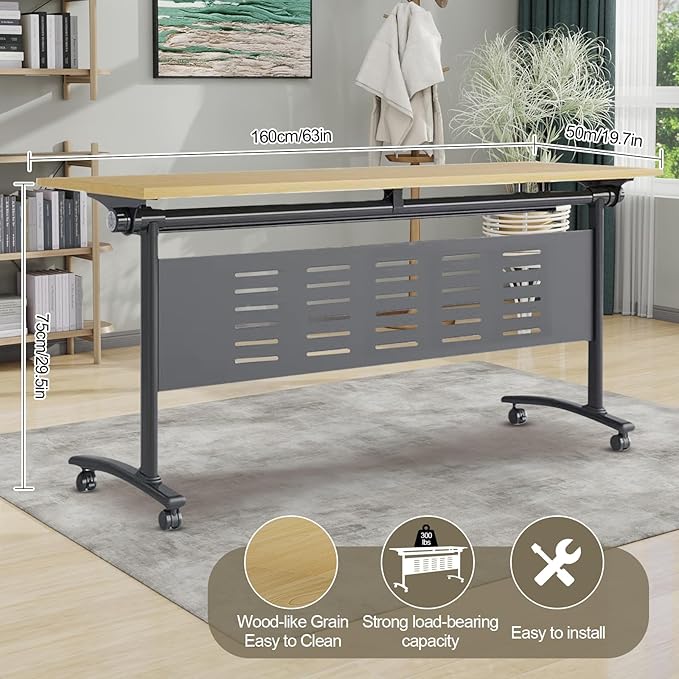 Folding Conference Table, Maple Brown Folding Conference Room Table with One-Touch Fold Button & 360° Swivel Casters, Space-Saving Mobile Meeting Table for Offices, Training Rooms(4PCS)