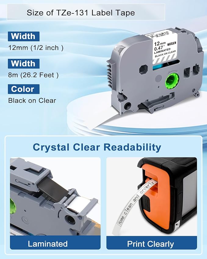 Clear Label Maker Tape Refill Compatible with Brother TZe-131 TZe131 TZe TZ Tape 12mm 0.47 Laminated Clear 1/2'' x 26.2' Black on Clear P Touch Label Tape for PT-D210 PTD220 PT-H110 PT-D600, 5 Pack