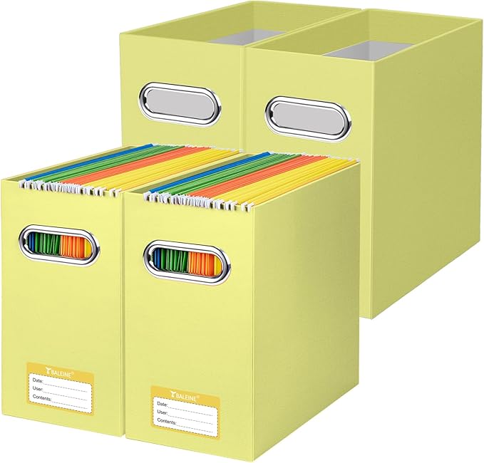 BALEINE File Organizer Box, Cardboard File Folder Organizer with Handle for Letter Size, Portable Collapsible Hanging Filing Box for Home Office Document Storage (4 Pack, Yellow)