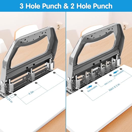 AFMAT Heavy Duty 3 Hole Punch, 50-Sheet, 50% Reduced Effort, Adjustable Two & Three Hole Punch, Metal Paper Puncher w/Large Chip Tray, Metal Paper Guide, Gray