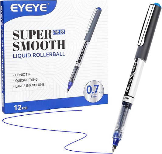 EYEYE 0.7mm Blue Pens Roller Ball, 12 Pack Medium Point Rollerball Pen Quick Dry, Liquid Ink Pens Fine Point Smooth Writing Pen for Journaling, Note Taking, Office, School Supplies