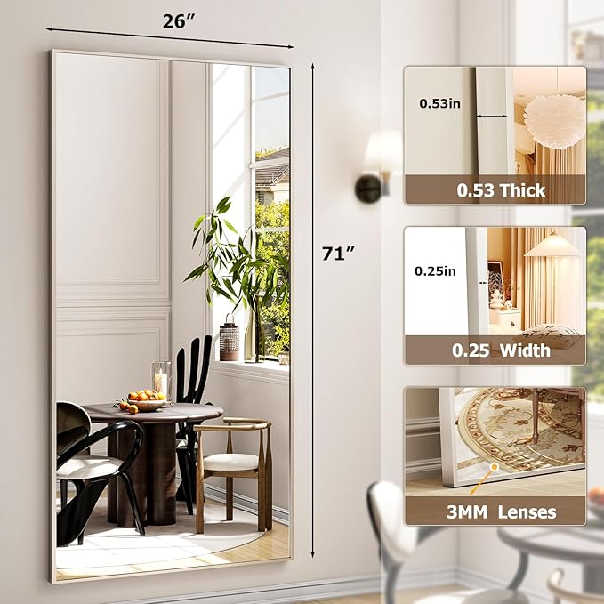 26"x71" Full Length Mirror, Adjustable Standing/Wall Mounted Floor Mirror for Bedroom, Living Room, Entryway, Large Silver Leaning Mirror with Shatterproof Glass