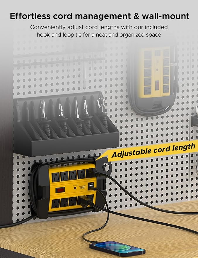 CRST Heavy Duty Power Strip with USB (3.1A),10-Outlet Metal Surge Protector Power Strip with 15FT Cord(2800J),15A Circuit Breaker, Wall Mount, ETL Listed