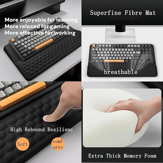 Ergonomic one-Piece Computer Keyboard Stand with Wrist Rest for Desktop Offers Two Support Angles. Silky Lycra Surface and Memory Foam Comfortable Hand Support (Black)