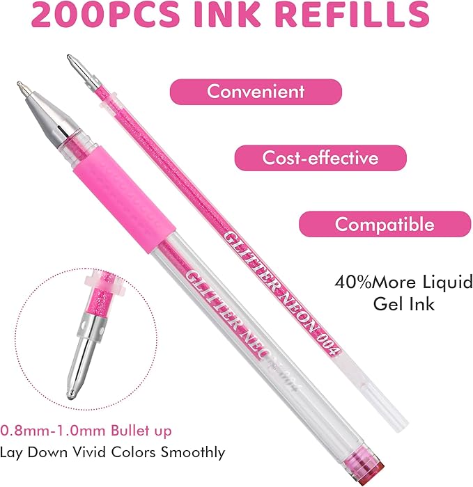 200 Colors Gel Pen Refills, Glitter Neon Gel Ink Pens Refills,Replace Cartridges for Gel Pens Set,9 Color Type for Kids Adult Coloring Books Drawing Doodling Crafts Scrapbooking Journaling,No Repeats
