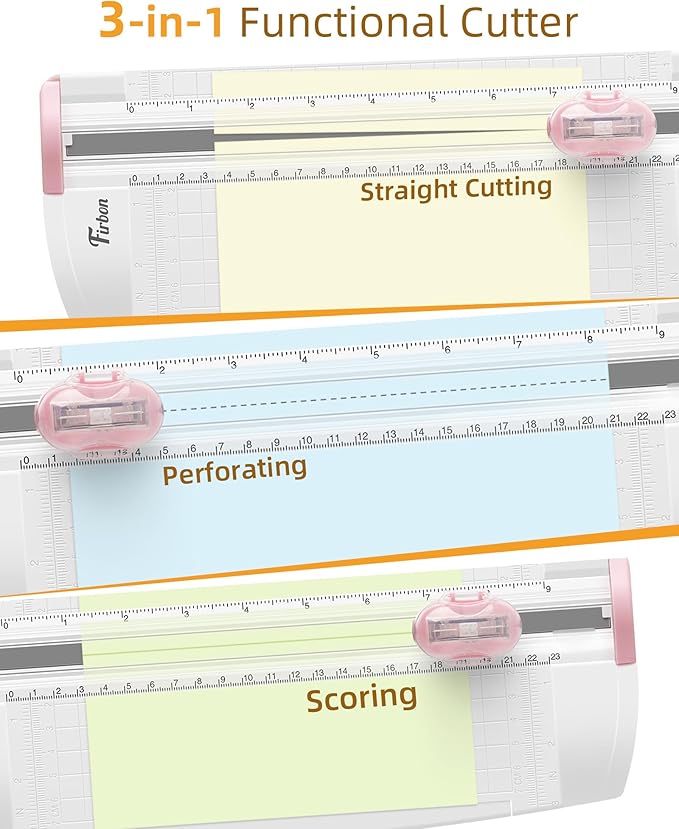 Firbon 3-in-1 Paper Cutter, 9" Compact A5 Paper Trimmer with Straight Cut, Scoring & Perforating Blades for Cardstock, Scrapbooking, Crafting, Labels & Home Office (Pink)