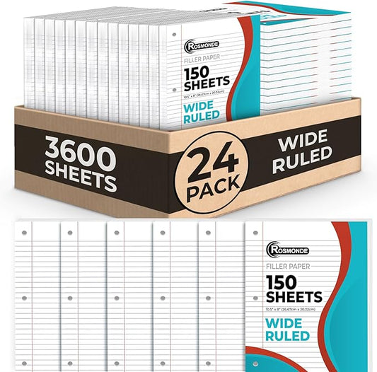 Bulk 3600 Sheets Loose Leaf Binder Filler Paper, Wide Ruled, Bulk Notebook Paper, 8 x 10.5", Loose Leaf Sheets, 3 Hole Punched, 24 Pack, 150 Sheets/Pack, Filler Papers, White