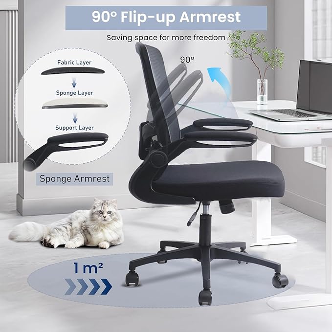 Desk Chairs with Wheels, Ergonomic Mesh Office Chair Adjustable Height and Swivel Lumbar Support Home Office Chair with Flip Up Armrests, Set of 4