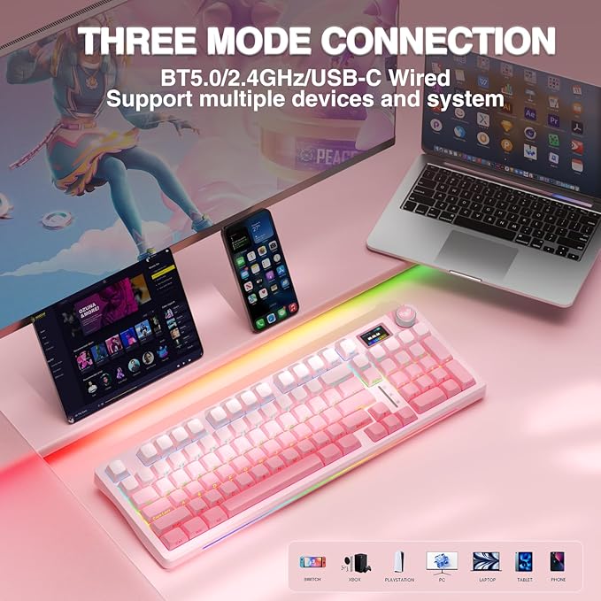 AULA S98 Pro Wireless Mechanical Keyboard with Screen & Knob,2.4GHz/USB-C/BT5.0 Hot Swappable Pink Creamy Keyboard,Pre-lubed Linear Switches,Side Printed PBT Keycaps,RGB Backlit Gaming Keyboards