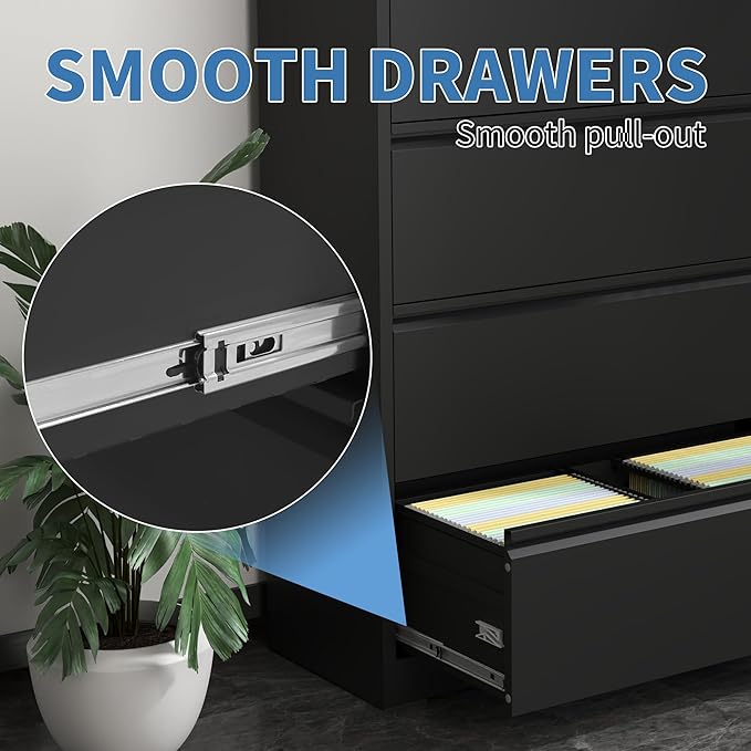 File Cabinets 4 Drawer,Metal Office Storage Filing Cabinet with Lock,Black Lateral Filing Cabinet for Home Office,Horizontal Locking File Cabinets for Legal/Letter/A4,Assembly Require,Black