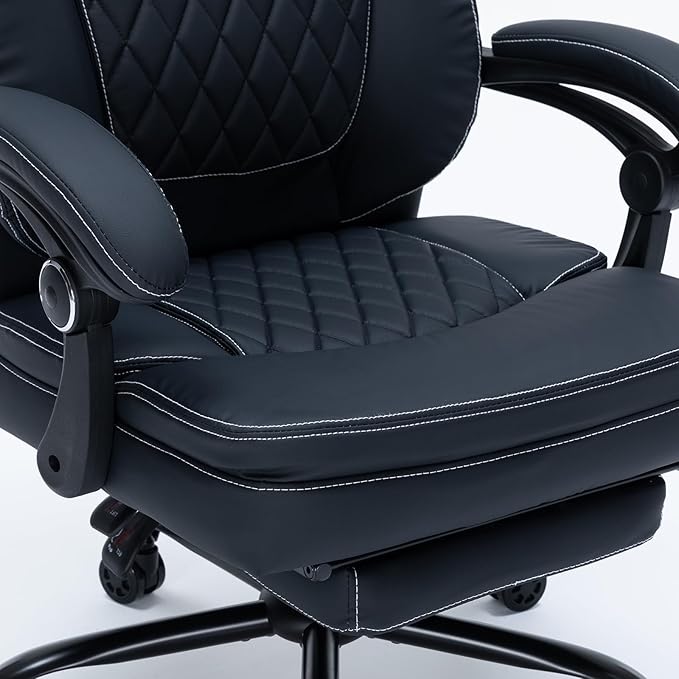 Ergonomic Office Chair with Foot Rest, Executive Chair with Footrest PU Leather Computer Chair, Big and Tall Chair Reclining Desk Chair, Thick Padded Coil Spring Seat, 400 lbs Capacity (Black)