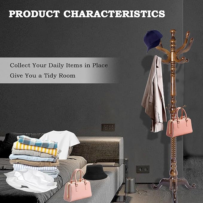 Coat Racks FreeStanding with 11 Hooks, Natural Wood Coat Rack with Tri-Legged Base, Adjustable Height Coat Racks, Easy Assembly for Hallway, Bedroom and Office (Walnut-Tri-Legged Base)