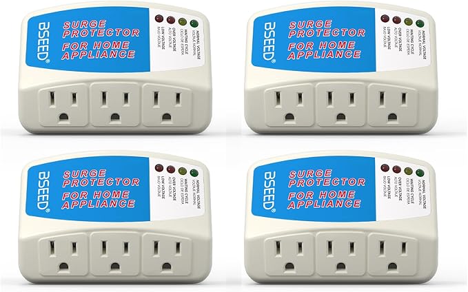 BSEED Surge Protector for Home Appliance 3 Outlet Surge Protector for Refrigerator Voltage Protector for TV, PC, PS5, Air-Conditioning and Other Valuable Household Electronic 125V, 1875W, 4 Pack