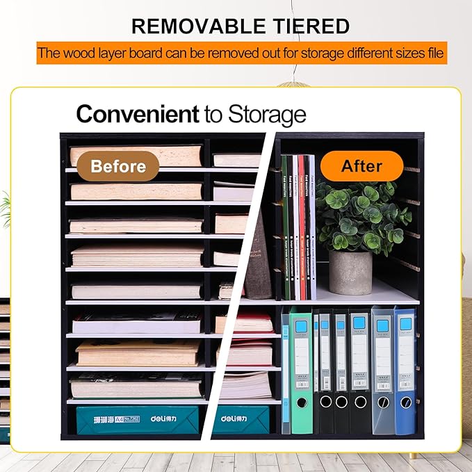 EasyPAG Mail Organizer Countertop, Wood Literature Organizer with Adjustable Shelves, Student Classroom Mailbox for School, Desktop Paper Sorter for Office Home, 36 Compartments, Black/White