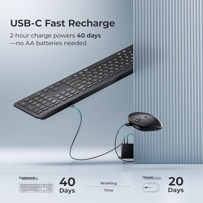 iClever Wireless Keyboard and Mouse, GK08 Rechargeable Keyboard Mouse Combo, Ergonomic, Quiet, Full Size Design with Number Pad, 2.4G Connection for Mac, Windows and Computer