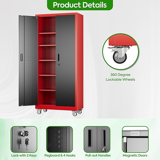 Aobabo Upgraded Garage Storage Cabinets with Wheels,Metal Storage Cabinets with 5 Adjustable Shelves for Garage Home Office Storage, Red-Black,71''H*32''W*16''D,Assembly Required