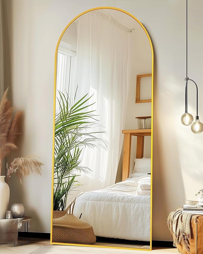 Full-Length Floor Mirror with Stand, 71"x28" Arched Style Full Body Standing Mirror for Bedroom, Living Room, Gym, Dorm - Shatter-Resistant & Easy Assembly, Gold