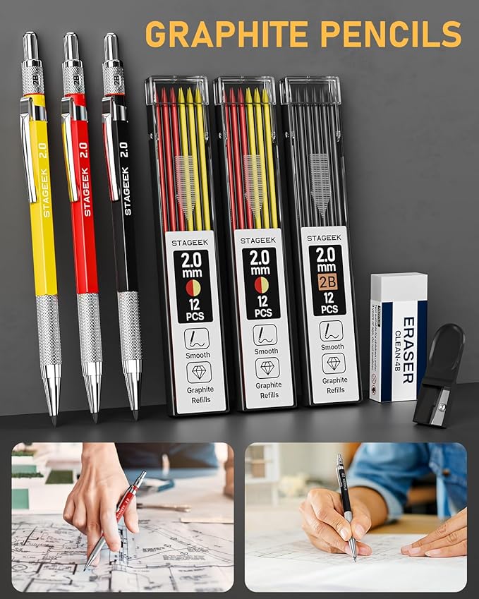 22 Pack Mechanical Carpenter Pencil Set with Sharpener 60 Refills, Automatic Center Punch, Carbide Scribe Tool, Eraser and Deep Hole Marker Pen, Heavy Duty Construction Pencil for Architect-With Pouch