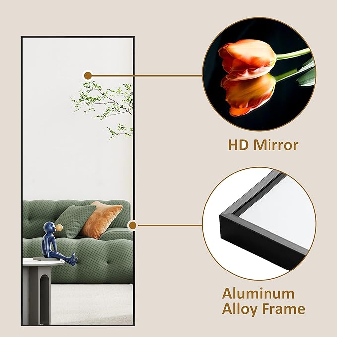 Arched Full Length Mirror, 57" x 20" Floor Mirror with Stand – Shatterproof Tempered Glass, Modern Aluminum Frame, Multi-Mount for Bedroom, Living Room, Gym, Black