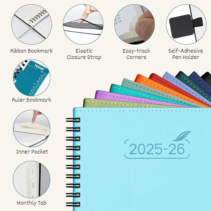 BEZEND Planner 2025-2026 Weekly and Monthly, 5.8" x 8.5" Academic Calendar (Jul 25-Dec 26) Vertical Daily Appointment with Hourly Timeslot & Monthly Tab, Spiral, PU Leather Softcover - Turquoise