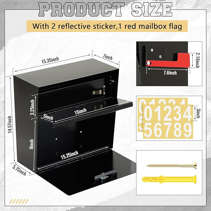 Extra Large Wall Mount Mailboxes for Outside 15.35 x 15 x 7 Inches Locking Security Mail Box Galvanized Steel Wall Mailbox Large Capacity Post Box with Key Lock and Reflective Stickers(Black)