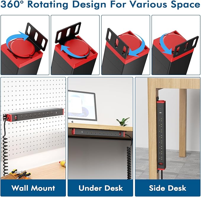 8 Outlet Surge Protector Power Strip,360° Rotatable Mounting,PD 20W USB C Fast Charging, Mountable Powerstrip Metal with 5FT Colied Cord for Home Office Industrial Garage Commercial