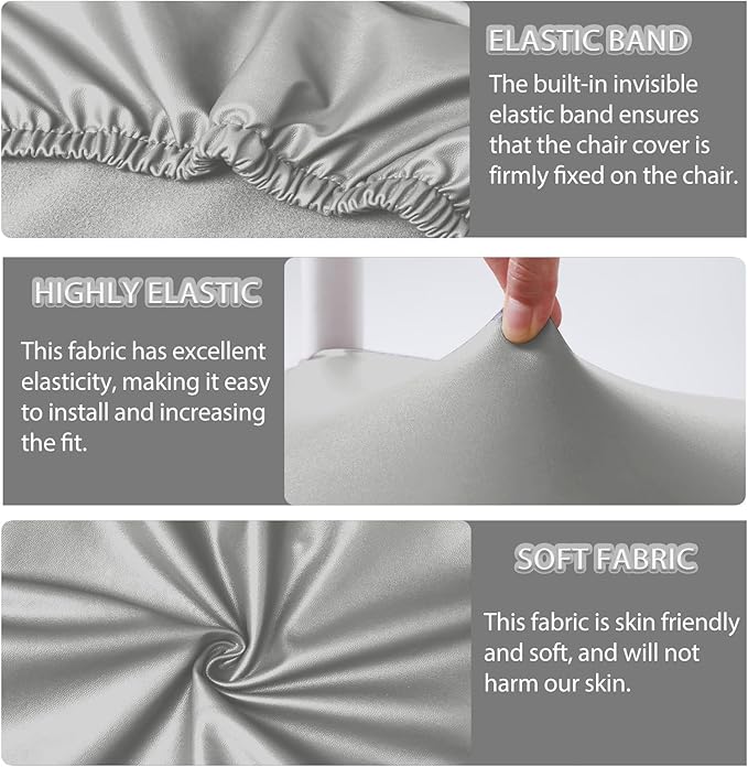 CWK Waterproof PU Leather Dining Chair Covers Set of 4-Stretchable Chair Seat Slipcovers, Removable & Washable Protector for Dining Room,Home,Office,Wedding,Rear Covers (PU-Silver)