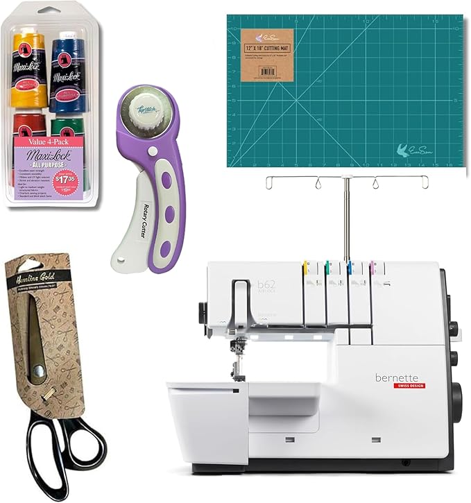 Bernette B62 Airlock Coverstitch Machine Bundle | Air Threader, Scissors, Rotary Cutter, Threads, Self Healing Foldable Cutting Mat, LED Light, Extension Table | Heavy Duty, Beginner to Professional