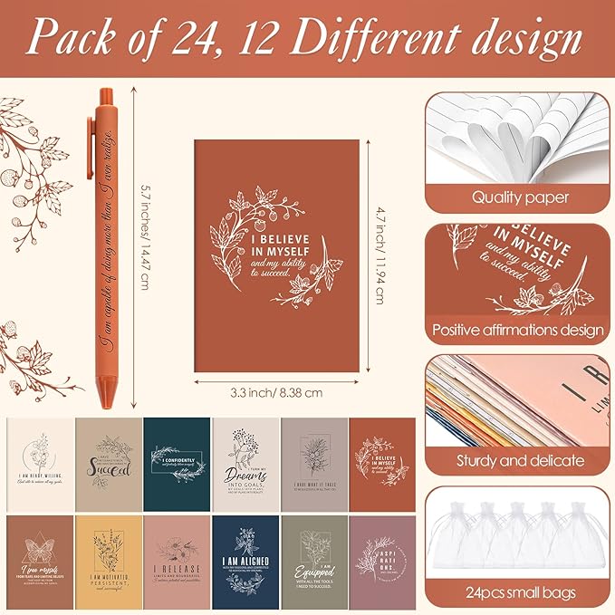 24 Set/48 Pcs Positive Affirmation Gift Set Gratitude Notebooks with Pens Small Bags Motivational Encouragement Notepads Daily Affirmations Journal for Women Stress Relief Self Care (Simple)