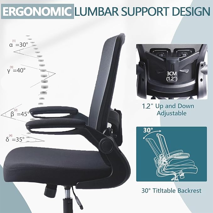 Desk Chairs with Wheels, Ergonomic Mesh Office Chair Adjustable Height and Swivel Lumbar Support Home Office Chair with Flip Up Armrests, Set of 2