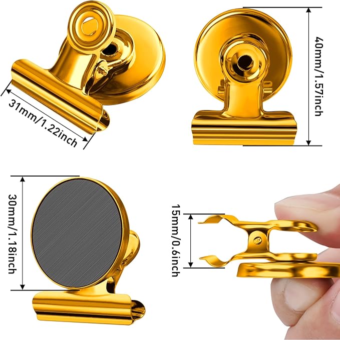 FINDMAG 12 Pack Magnetic Clips for Photo Display and Picture Hanging, Heavy Duty Scratch-Free Fridge Magnets, Strong Clips for Photo Display, Whiteboard, Office, Kitchen, School, 30mm Wide, Gold.
